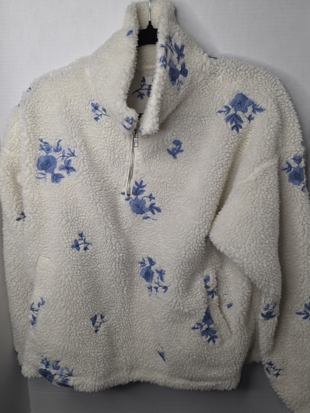 Cream Sherpa Half-Zip Sweater with Blue Floral Embroidery